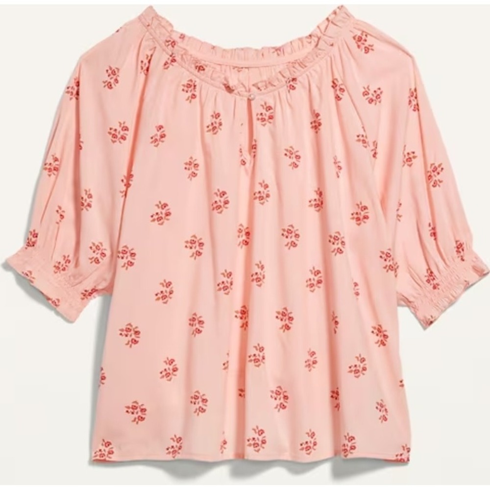 Old Navy Floral Pajama Top Ruffle‎ Neck 3/4 Sleeve Blouse Pink Large NWOT